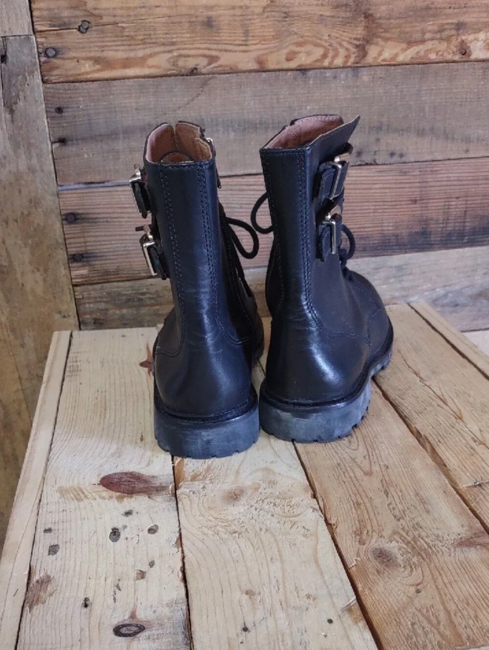 Antonio Melani Black Leather Laced Biker Boots With Buckle